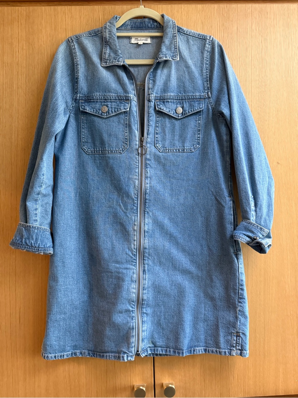 Madewell Light Blue Denim Zip-Front Mini Dress, size M